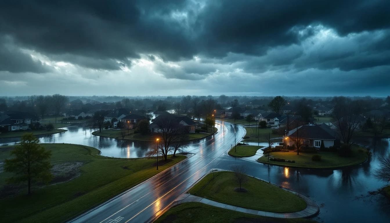 Aerial view of suburban neighborhood with localized flooding after heavy rain