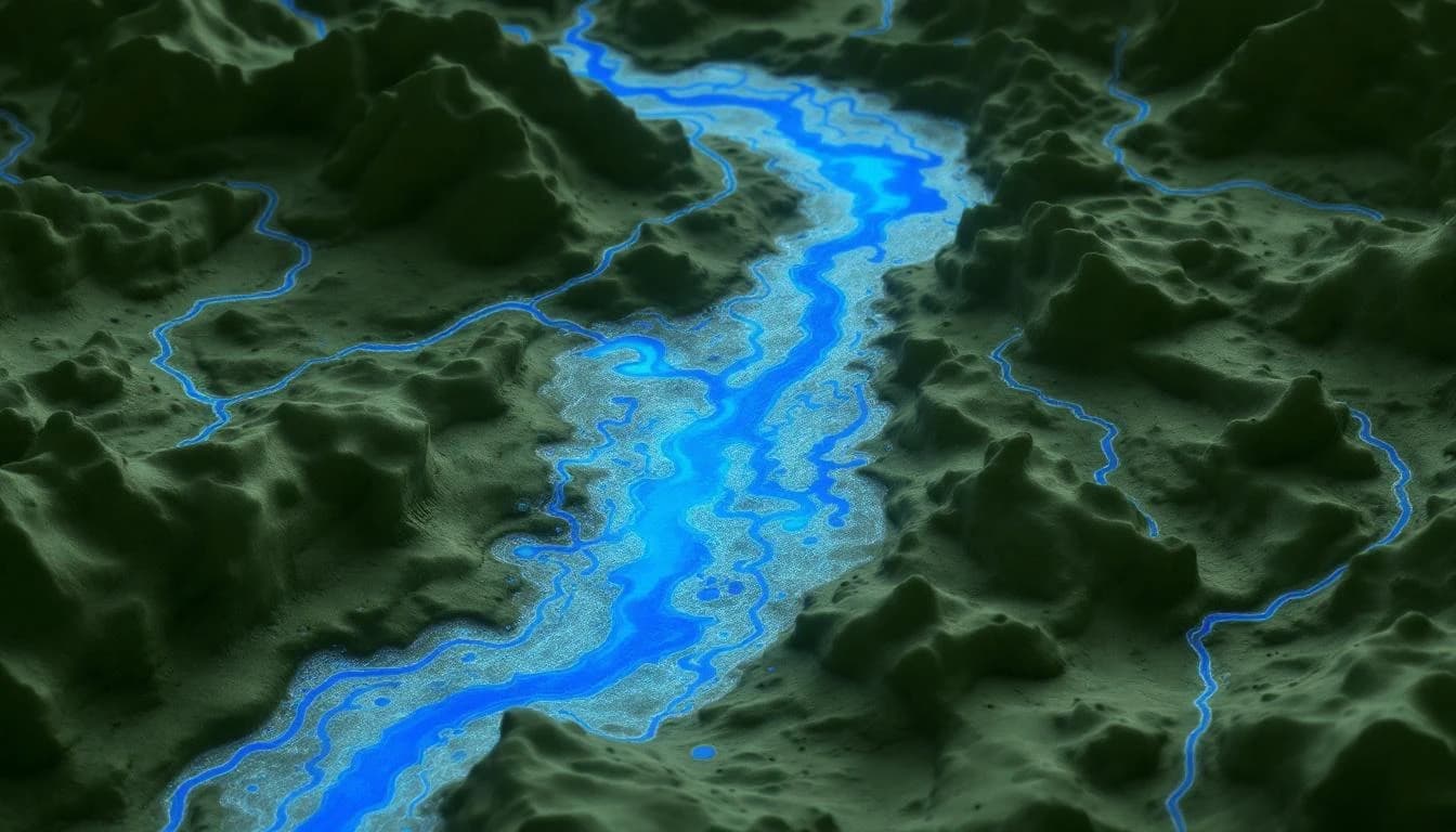 Rainfall simulation showing flood inundation on a digital terrain model