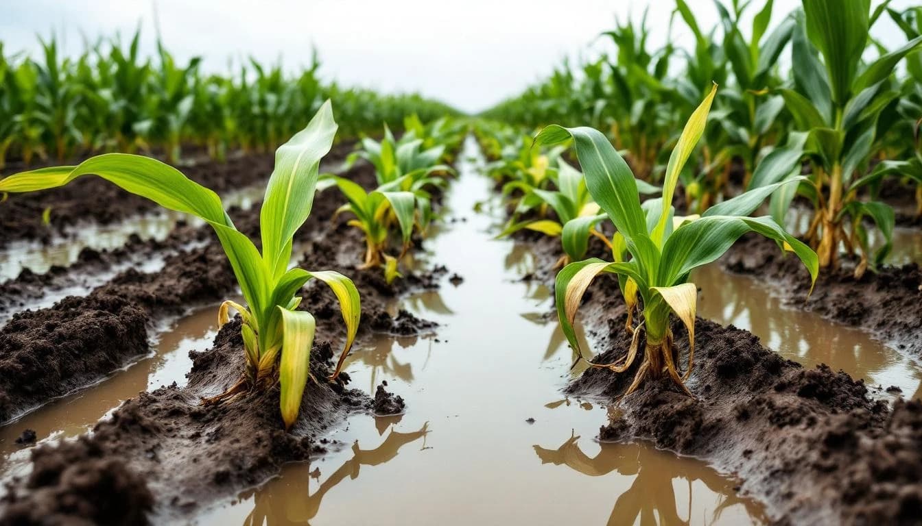 Waterlogged crop field with standing water between rows of young plants
