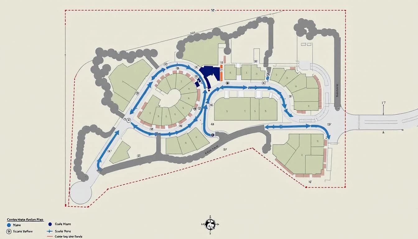 Site plan showing subdivision layout with stormwater detention and drainage flow arrows
