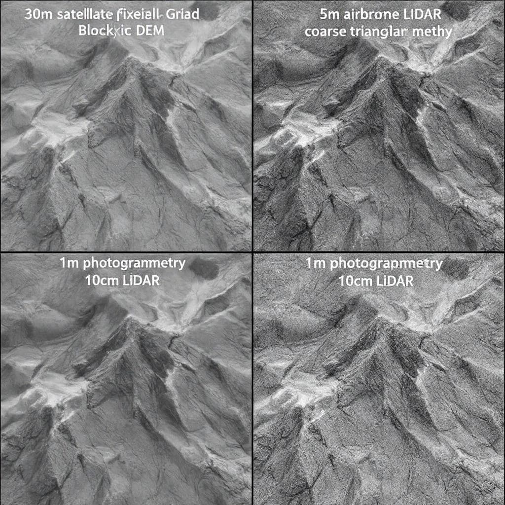 Four-panel comparison of the same terrain at different DEM resolutions