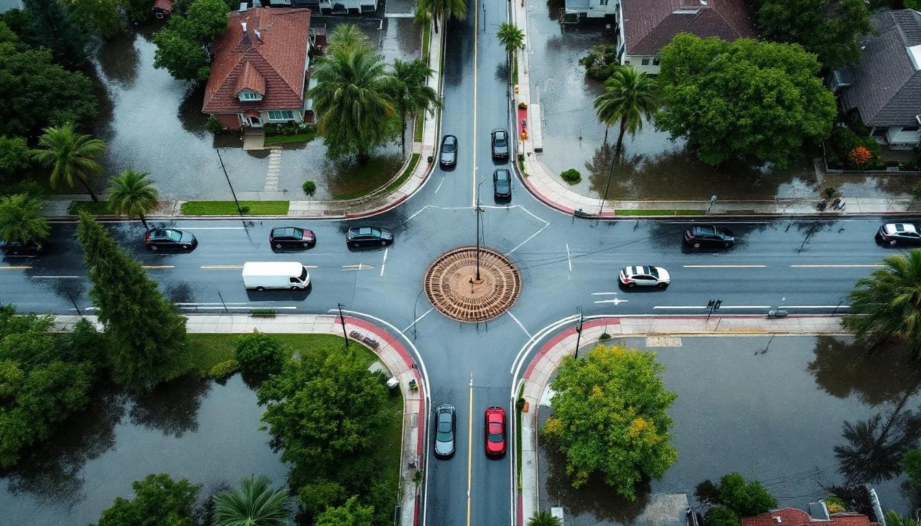 Aerial view of suburban intersection with localized flooding