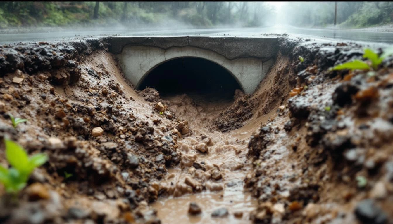 Undersized culvert with water overflowing during a storm