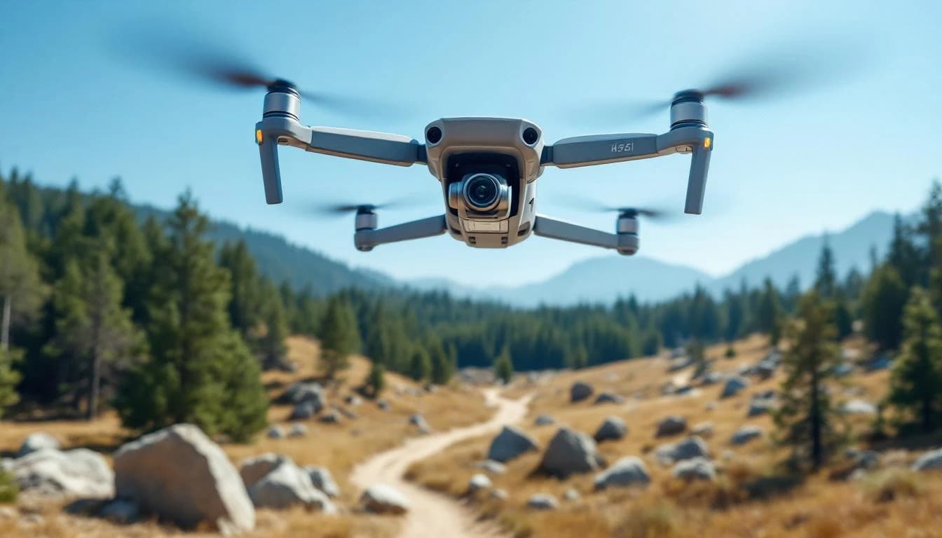 Survey drone in flight over varied terrain with forests and open fields