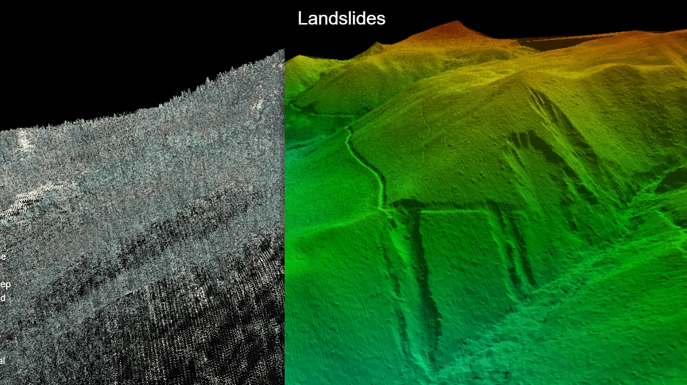 USGS LiDAR point cloud versus bare-earth DEM revealing landslide features hidden under forest canopy