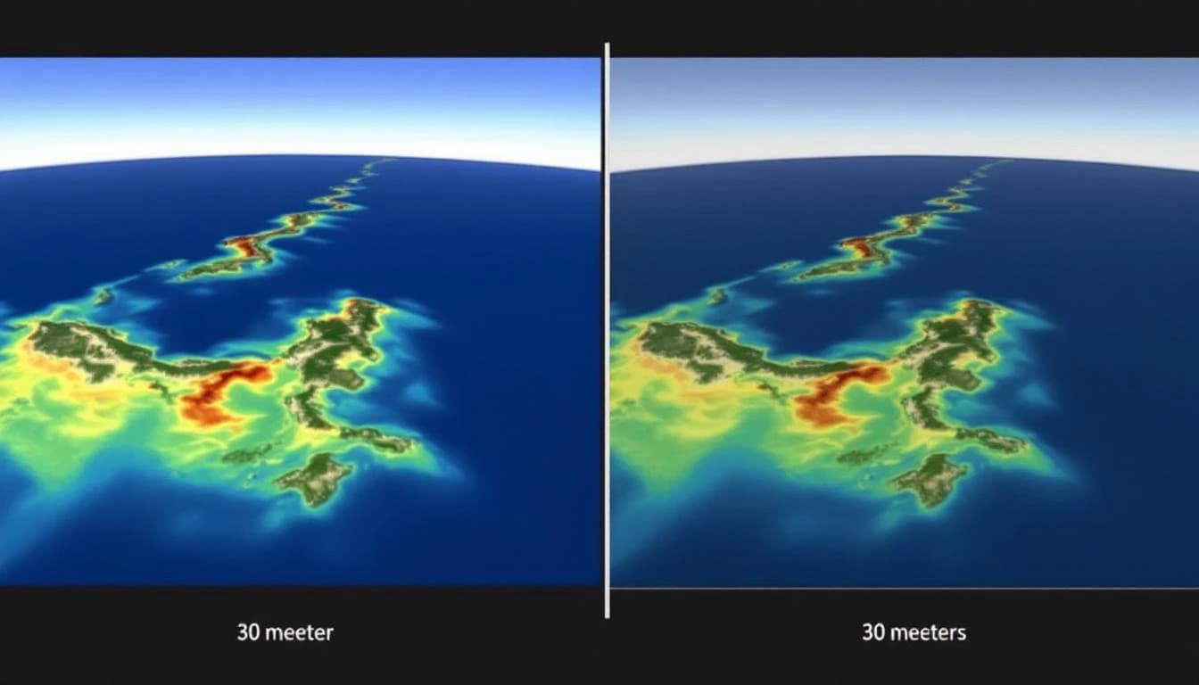 Side-by-side comparison of 30m satellite DEM versus 10cm LiDAR DEM of the same watershed