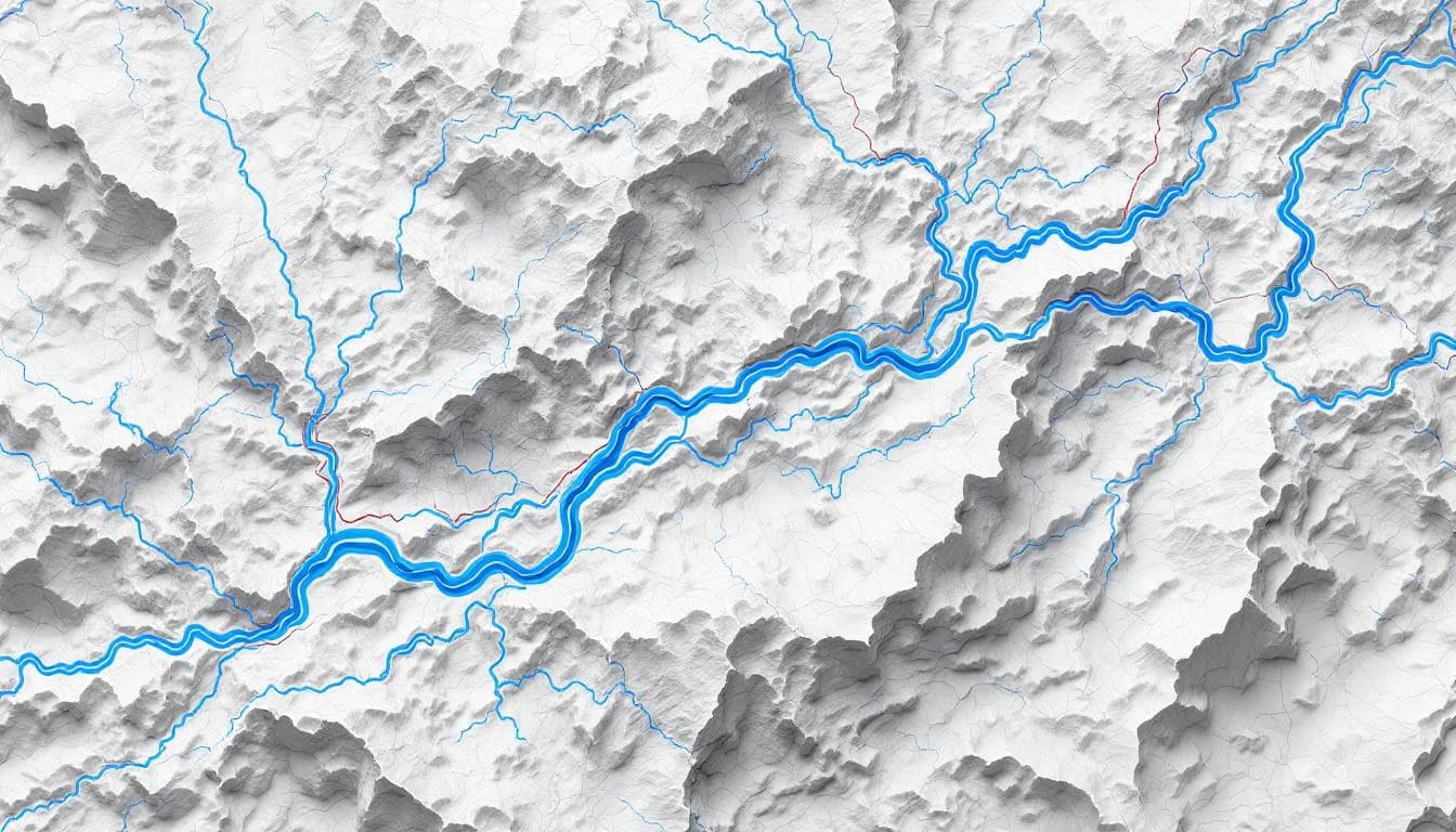 Flow accumulation map showing drainage network on hillshade terrain