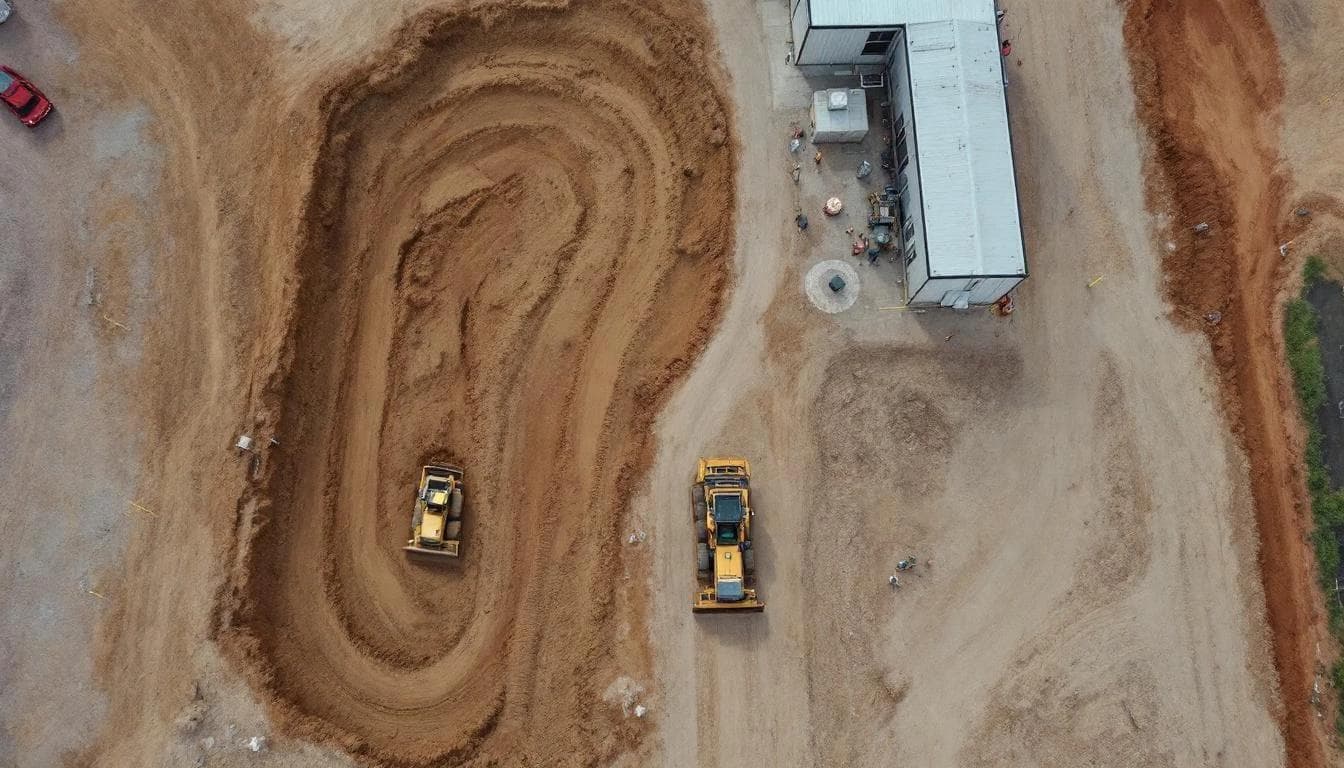 Aerial drone view of an active grading operation on a construction site with earth-moving equipment